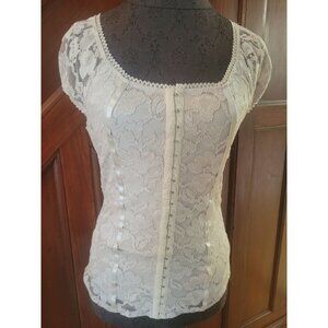 Gold Beige Lace Cap Sleeve Top With Satin Ribbon Detail & Button Accents Womens